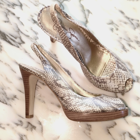 Champagne Snakeskin Slingback Peep-Toe 4" stacked Heels 7.5- Jessica Simpson - Picture 2 of 4